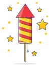 Cartoon illustration of a firework rocket with a red top and yellow stars around Royalty Free Stock Photo