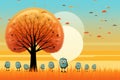 a cartoon illustration of a flock of birds under a tree at sunset