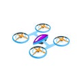 Cartoon illustration of flying drone. Radio controlled quadrocopter with four propellers. Modern technology. Flat vector