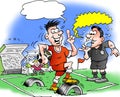 Cartoon illustration of a a football player and a football pitch where the base is made of old rubber tire residues