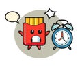 Cartoon illustration of french fries is surprised with a giant alarm clock