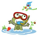 Cartoon illustration of frog with little bird Royalty Free Stock Photo