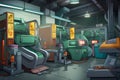 cartoon illustration of a fully automated recycling facility with animated sorting machines adds a playful element. AI Generated