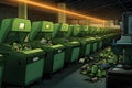 cartoon illustration of a fully automated recycling facility with animated sorting machines adds a playful element. AI Generated