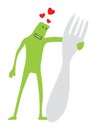 Funny doodle character in love with fork