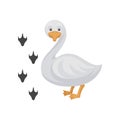 Cartoon icon of funny duck and his footprints. Water bird with orange beak and legs. Domestic animal. Flat vector design Royalty Free Stock Photo