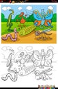 Cartoon funny insects and bugs group coloring book page