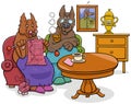Cartoon senior dog characters couple at home Royalty Free Stock Photo