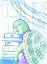 Cartoon Illustration of Funny Turtle Animal Character Sleeping in Classroom