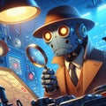 A cartoon illustration of a futuristic robot detective solving