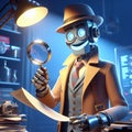 A cartoon illustration of a futuristic robot detective solving