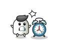 Cartoon Illustration of ghost is surprised with a giant alarm clock