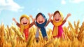 cartoon illustration girls in headscarves in a wheat field rejoice at the harvest, Baisakhi holiday, poster