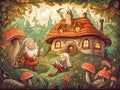 Cartoon illustration of a gnome and a girl reading a book in front of a mushroom house Royalty Free Stock Photo