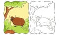 cartoon illustration a goat is walking in the middle of the meadow under a tree looking for food book or page Royalty Free Stock Photo