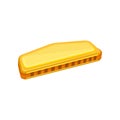 Cartoon illustration of golden harmonica. Small rectangular wind instrument with row of metal reeds. Design element for