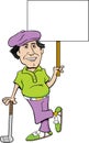 Cartoon golfer leaning on a golf club and holding a sign.