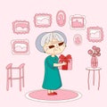 Cartoon illustration with grandmother holding a gift. Vector holiday card with grandma