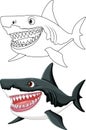 A cartoon illustration of a great white shark with big teeth, swimming and outlined in vector art