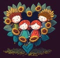 Cartoon illustration of a group of children in the heart made of sunflowers