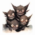 Cartoon illustration of a group of cute spooky little black monsters. Generative AI