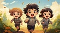 Cartoon illustration of a group of happy kids running in the autumn forest Royalty Free Stock Photo