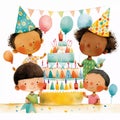 Cartoon illustration of a group of little kids celebrating a birthday with a cake. Children birthday party clipart Royalty Free Stock Photo