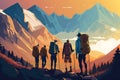 Cartoon illustration of a group of mountaineers with mountains in the background at sunset. Generative AI.