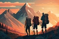 Cartoon illustration of a group of mountaineers with mountains in the background at sunset. Generative ai.