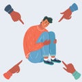 Cartoon illustration of Guilty man looking down. Condemnation of society. People point to cry man with they fingers Royalty Free Stock Photo