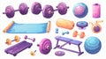 A cartoon illustration of gym workout equipment isolated on white background. Illustration of a yoga mat, barbell Royalty Free Stock Photo