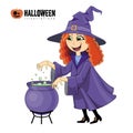 Cartoon illustration of halloween witch with boiling cauldron