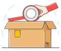 Cartoon illustration of a hand using tape on a cardboard box for packaging Royalty Free Stock Photo
