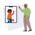 Cartoon illustration of a happy black grandfather having a video call with his grandson. Happy family, multigenerational Royalty Free Stock Photo