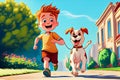 Cartoon illustration of happy boy and dog running in the street in the direction of point of view