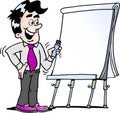 Cartoon illustration of a happy business man standing and looking by a flipchart