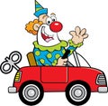 Cartoon happy clown driving a toy car while waving.