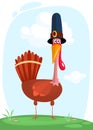 Cartoon illustration of a happy cute turkey wearing a pilgrim hat Royalty Free Stock Photo