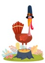 Cartoon illustration of a happy cute turkey wearing a pilgrim hat