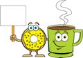 Cartoon happy donut standing next to a cup of coffee while holding a sign.