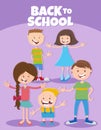 cartoon happy elementary age children with back to school caption