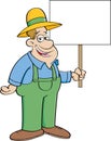 Cartoon happy farmer holding a large sign.