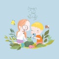 Cartoon Illustration of Happy Kids exploring Nature