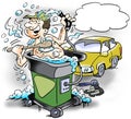 Cartoon illustration of a happy mechanic who takes a bath in a clean water machine at the workshop