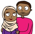 Cartoon illustration of happy muslim immigrant couple in love