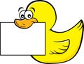 Cartoon happy rubber duck holding a sign in his beak.