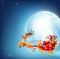 Cartoon illustration of happy Santa in his Christmas sled being pulled by reindeer Royalty Free Stock Photo