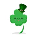 Cartoon illustration of a happy shamrock in a hat.