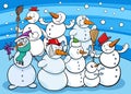 Happy cartoon snowmen characters group