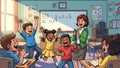Happy Students, Teacher in Classroom, Math Lesson, Cartoon Royalty Free Stock Photo